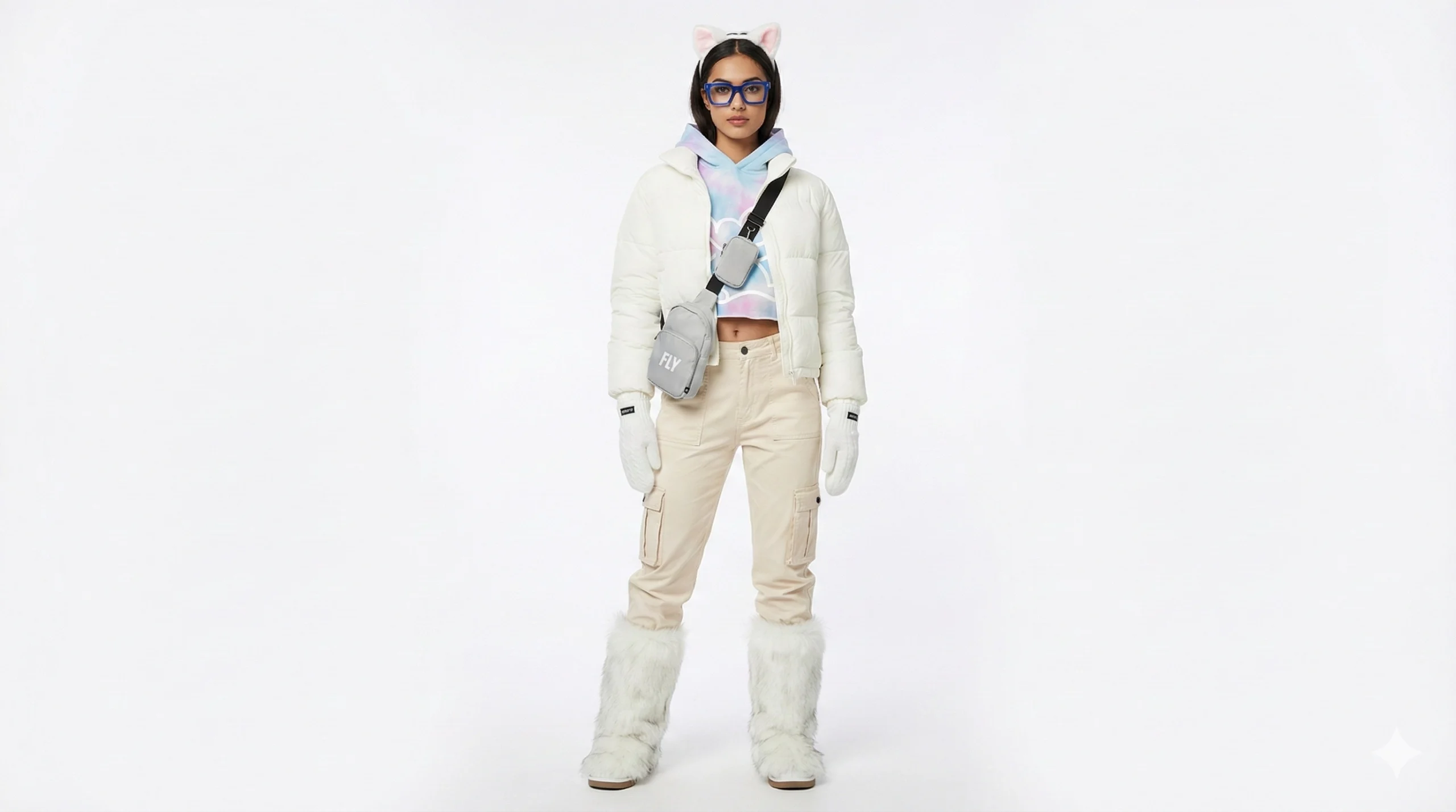 A woman models the FLY Clothing Co. "Urban Frost" outfit, featuring a white full-zip puffer jacket layered over a blue and pink tie-dye cropped hoodie. She is wearing tan high-waisted cargo pants, oversized white faux-fur boots, and a grey crossbody bag with "FLY" branding. Accessories include white plush cat ears with pink interiors, blue-framed glasses, a cream ribbed scarf, and white cable-knit mittens, all set against a vibrant floral studio background.