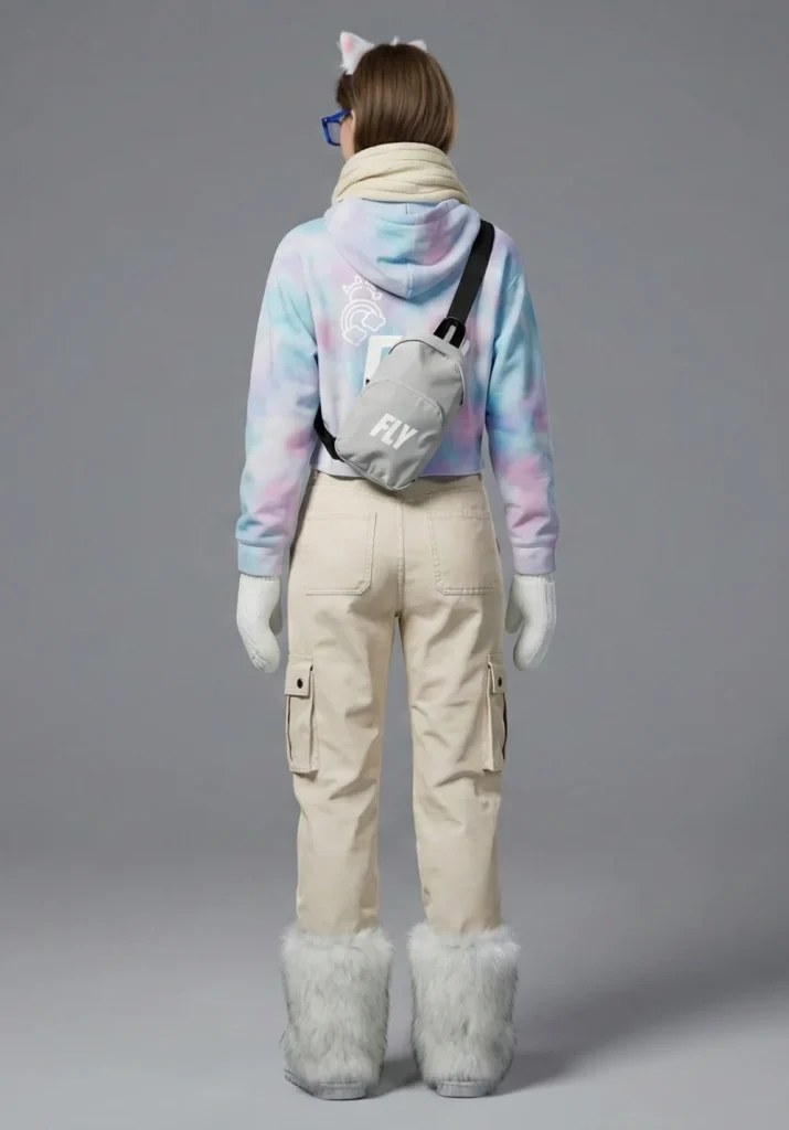 rear view of a woman modeling the FLY Clothing Co. "Urban Frost" winter outfit, featuring a white cropped puffer jacket, a pastel blue and pink tie-dye cropped hoodie, and blue denim cargo pants. She is wearing oversized white faux-fur boots, white plush kitty ears, blue-framed glasses, a cream ribbed scarf, white cable-knit mittens, and a gray "FLY" branded crossbody bag.