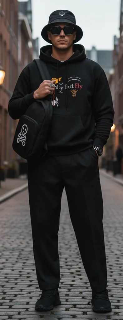 A full-body shot of a man in an urban alley wearing an all-black alternative streetwear outfit from FLY Clothing Co. He is wearing a black bucket hat with a skull logo, dark sunglasses, a black hoodie with a "Spooky But Fly" graphic, and loose black trousers. He carries a black sling bag over one shoulder and wears black athletic sneakers.