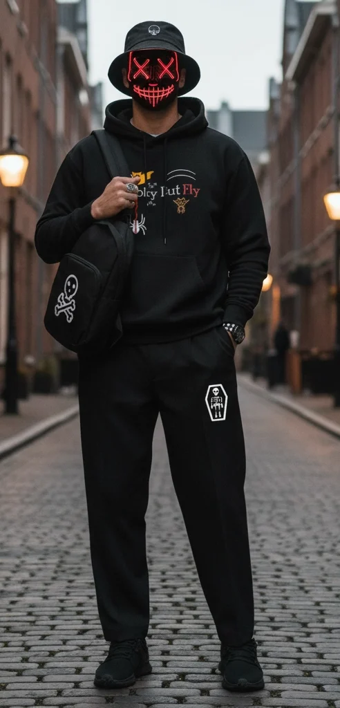 A man stands in a narrow, cobblestone alley at dusk wearing an all-black streetwear outfit. He wears a black bucket hat with a skull emblem, a black hoodie with "Spooky But Fly" graphics, and wide-leg black trousers. In one version, he wears dark sunglasses; in the other, he wears a glowing red LED "Purge" style mask. He carries a black sling bag featuring a white skull and crossbones.