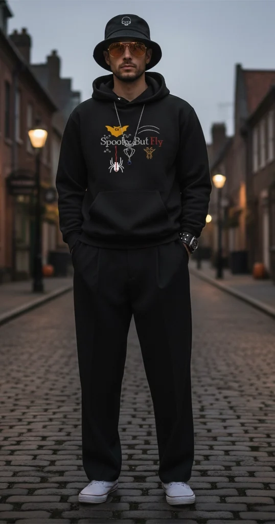 A man stands in the center of a cobblestone street at dusk wearing an all-black alternative streetwear outfit. He is wearing a black bucket hat, yellow-tinted aviator sunglasses, and a black hoodie featuring a "Spooky But Fly" graphic with a bat and spider. He completes the look with oversized black trousers and white sneakers.