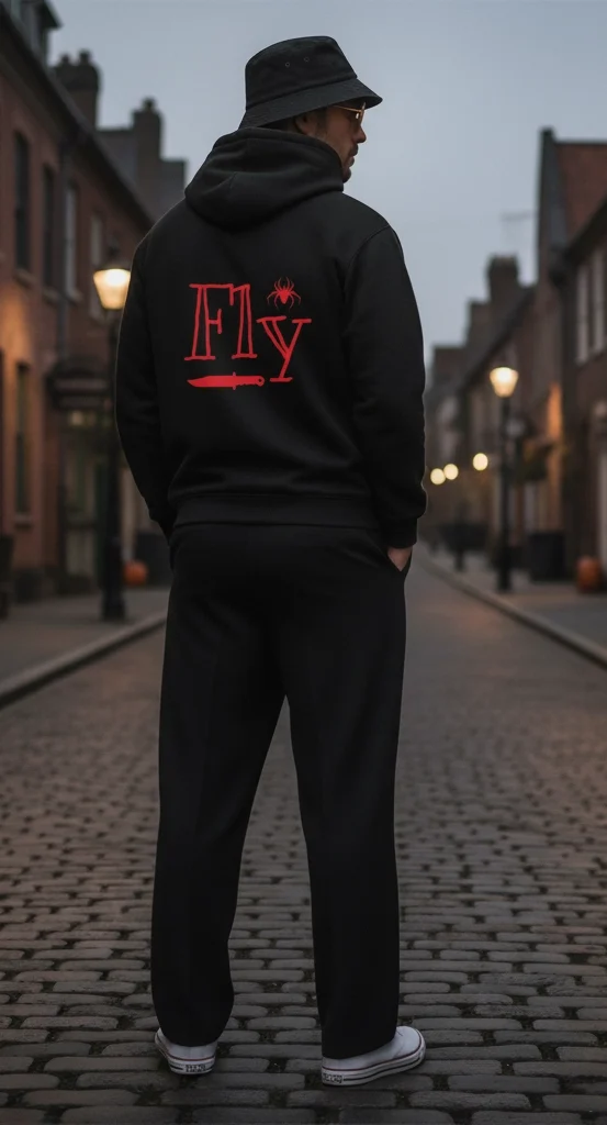 A rear-view shot of a man walking down a cobblestone street at dusk, wearing an all-black alternative streetwear outfit. The back of his black hoodie features a large red graphic with the word "FLY," a spider, and a knife. He is also wearing a black bucket hat and wide-leg black trousers with white sneakers.