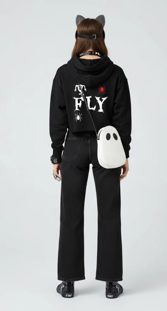 A woman from the back modeling an alternative streetwear outfit by FLY Clothing Co. She is wearing a black cropped hoodie featuring a large white gothic "FLY" logo with spider and ghost graphics. The look is paired with high-waisted, wide-leg black jeans, a studded cat-ear headband, and a white ghost-shaped crossbody bag against a light grey background.