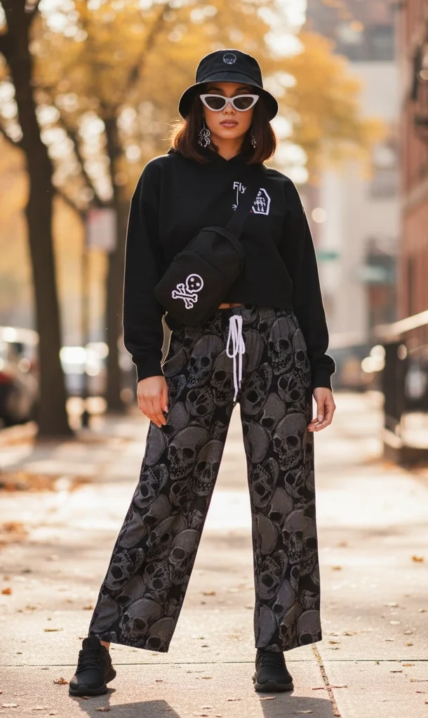 A person standing on a city sidewalk wearing a black cropped hoodie, grey wide-leg trousers covered in a large skull print, a black bucket hat, white cat-eye sunglasses, and a black crossbody bag featuring a skull and crossbones graphic.