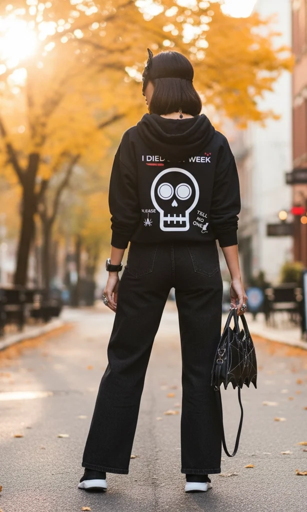A back view of a person walking on a city sidewalk wearing the "Late Arrival" streetwear outfit. The image highlights the "I DIED LAST WEEK" graphic on the black cropped hoodie and the flowing, oversized fit of the grey skull-patterned wide-leg trousers.
