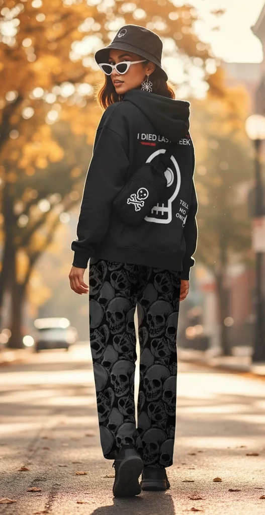 Rear view of a person in a city setting wearing a black cropped hoodie with a large white skull graphic and the text "I DIED LAST WEEK" on the back. They are wearing wide-leg grey trousers with an all-over skull print and a black bucket hat.