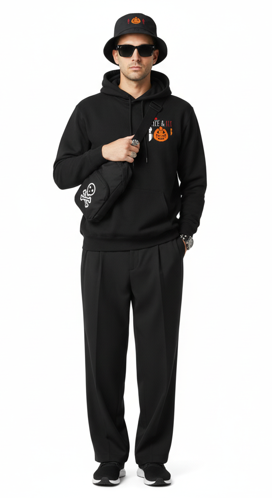 A male model wearing a Fly Clothing Co. alternative streetwear outfit in all-black, featuring a black hoodie with a pumpkin graphic, black trousers, a bucket hat, and a crossbody bag with a skull-and-crossbones logo.