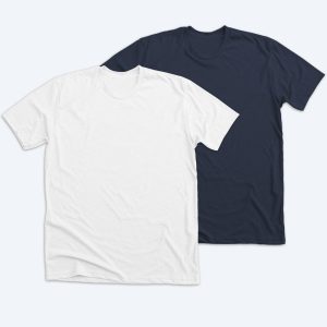 Two blank American Apparel Fine Jersey cotton unisex t-shirts, one in crisp white and one in deep navy blue, displayed on a white background for custom apparel design services.