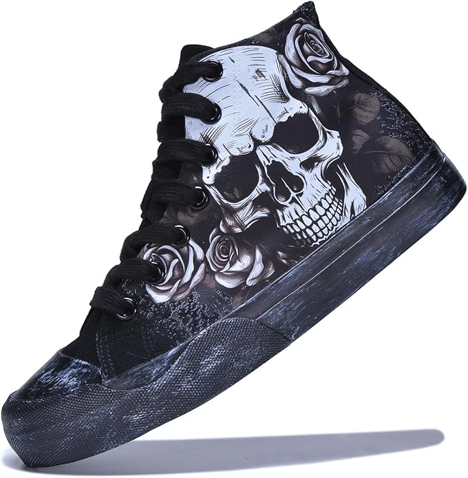 A high-top canvas sneaker featuring a large, detailed white skull graphic surrounded by grey roses on a black background, with black laces and a weathered, dark grey rubber sole.