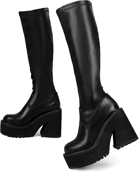 A pair of knee-high black sock boots featuring a tall, stretchy upper, a thick platform sole with a lugged tread, and a chunky block heel.