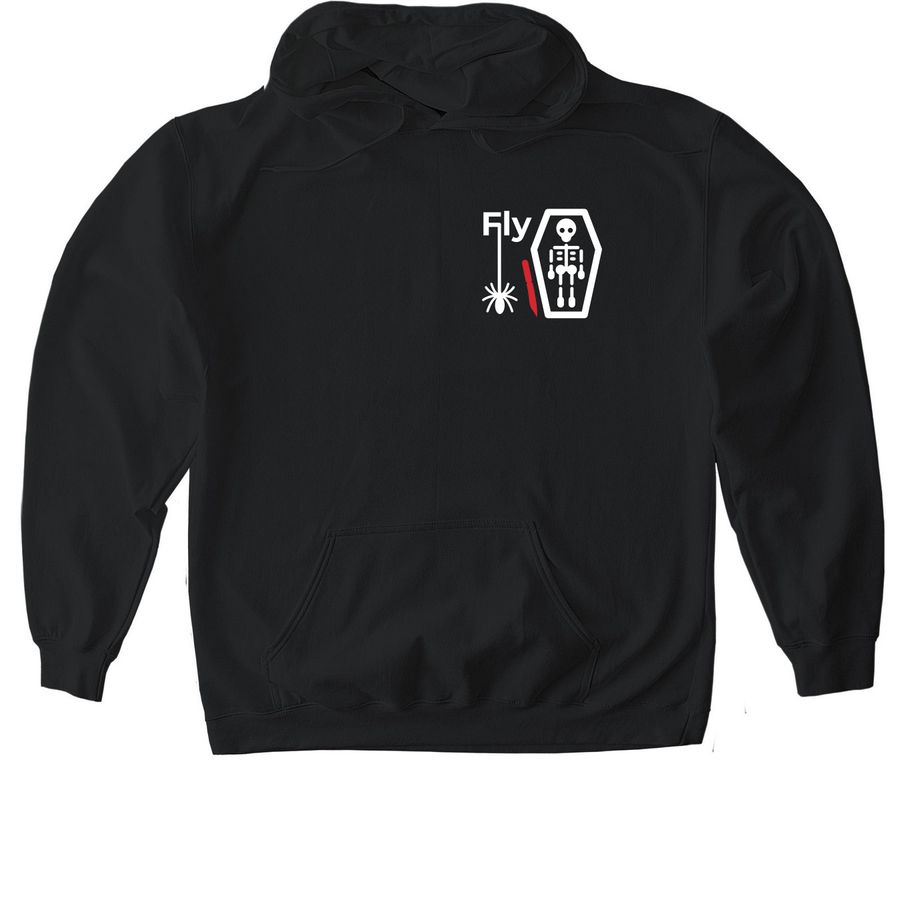 A black pullover hoodie from Fly Clothing Co featuring a small white graphic on the chest. The graphic depicts a skeleton inside a coffin, a spider hanging from a web, and the word "Fly" with a red slash detail.