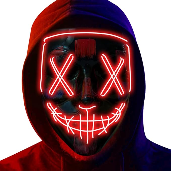 A person wearing a black "Purge" style mask featuring glowing red LED "X" eyes, a stitched grin, and a forehead border, paired with a dark red and blue lit hoodie.