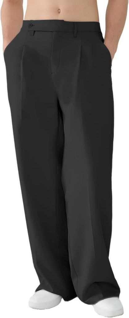 A pair of slim-fit men's casual dress pants in a versatile charcoal grey, featuring a flat-front design, tapered legs, subtle side-slant pockets, and a clean-finished hem, displayed against a neutral background.