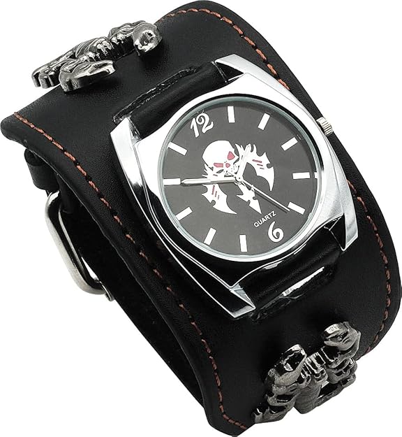 A wide black leather cuff watch featuring a silver-tone square face with a central skull and crossbones graphic. The leather band is detailed with brown contrast stitching and two large 3D metallic scorpion emblems on either side of the watch face.