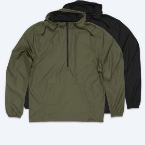 A black and white color-block quarter-zip windbreaker with a high collar. The jacket features a large white "FLY" logo on the center chest flap, a front utility pocket, and adjustable drawstrings at the hood and waist.