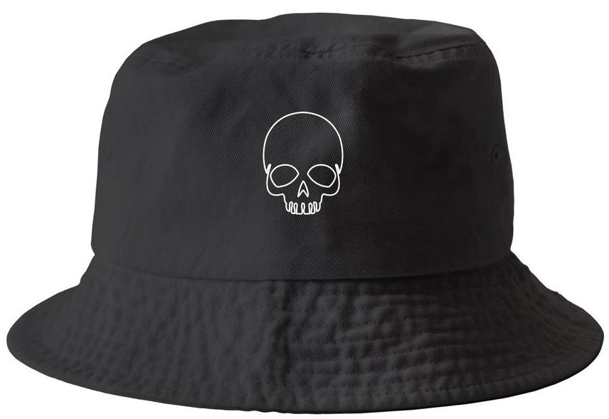 A studio shot of a black cotton bucket hat from FLY Clothing Co. The center of the hat features a white, minimalist "line art" embroidery of a human skull. The background is plain white.