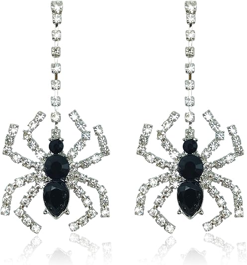 A pair of silver-toned dangle earrings featuring a spider design. Each earring has a long vertical strand of clear crystals leading down to a spider with crystal-encrusted legs and a body made of three large, faceted black stones.
