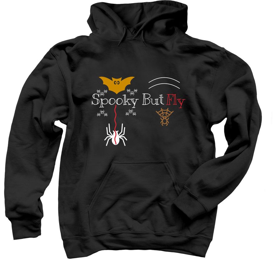 A black heavyweight pullover hoodie featuring a front graphic that reads "Spooky But Fly" in white and red text, surrounded by festive Halloween illustrations including a yellow bat, a white spider dangling from a red thread, several small snowflakes, and a spider in a web.