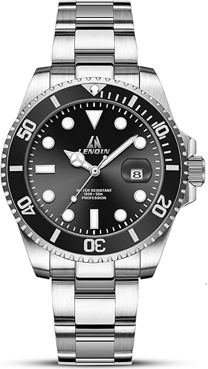 A professional stainless steel analog watch featuring a black sunray dial with silver-tone markers, a rotating black ceramic bezel with white numerical diving scales, and a classic link bracelet.