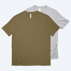 Two blank All-American unisex t-shirts, one in olive green and one in heather grey, displayed on a clean white background for custom apparel design services.