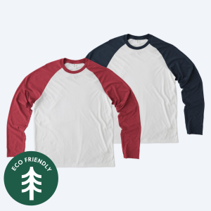 Two blank Allmade Eco Triblend colorblock raglan long sleeve t-shirts, one with navy blue sleeves and one with red sleeves, featuring a white body and a sustainable eco-friendly badge for custom design services.