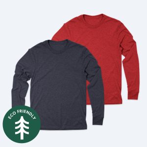 Two blank Allmade Eco Triblend unisex long sleeve t-shirts, one in a deep navy heather and one in a rich red heather, featuring a sustainable eco-friendly badge for custom apparel design services.