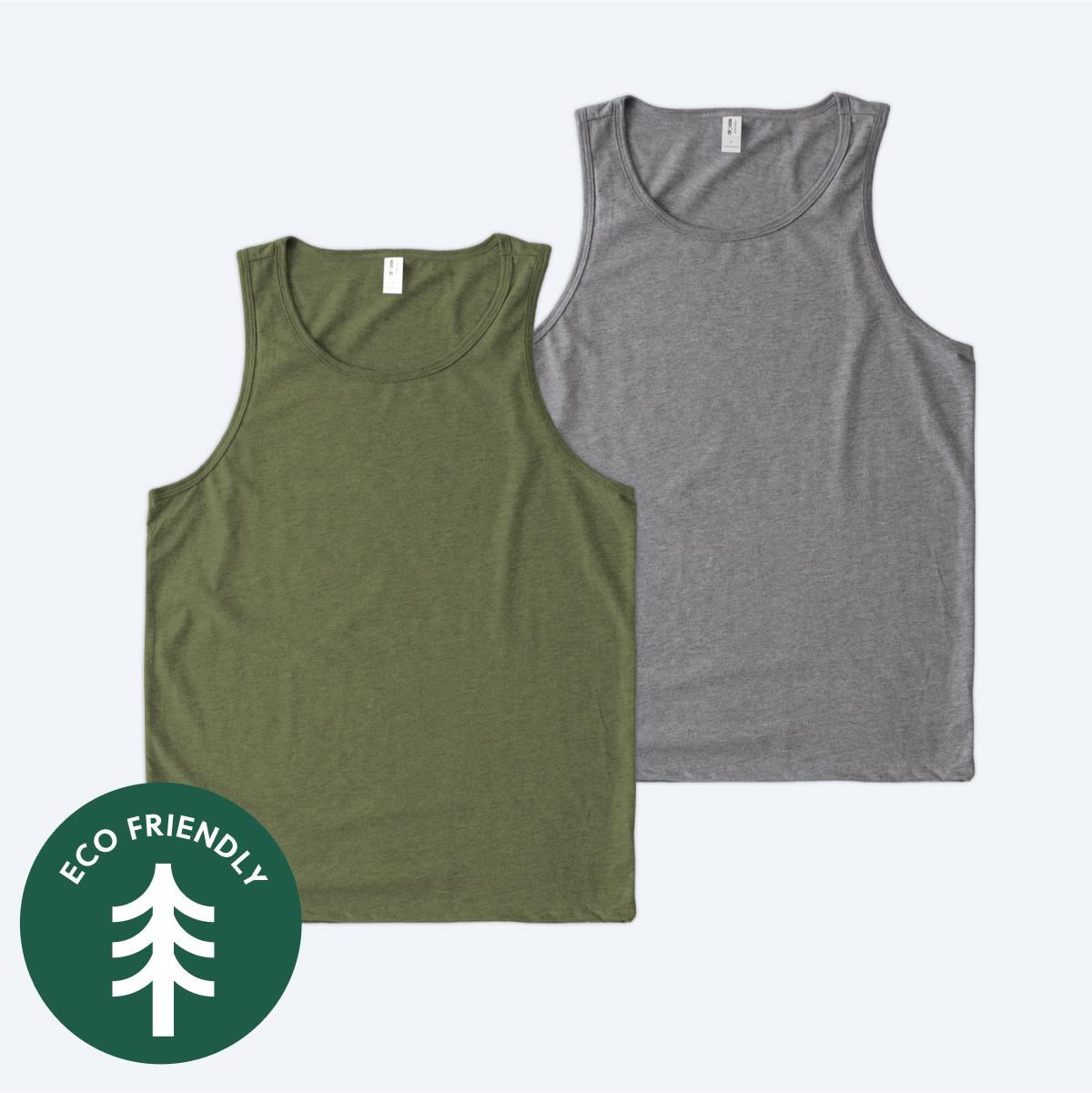 Two blank Allmade Eco Triblend unisex tank tops, one in olive green and one in heather grey, featuring a sustainable eco-friendly badge for custom apparel design services.