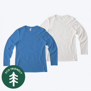 Two blank Allmade Eco Triblend women’s long sleeve t-shirts, one in royal blue and one in bright white, featuring a sustainable eco-friendly badge for custom design services.