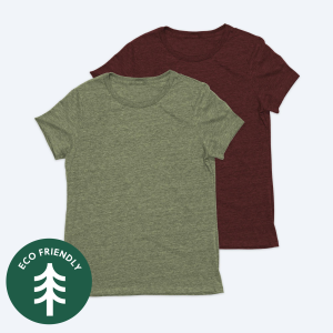 Two blank Allmade Eco Triblend women's t-shirts, one in olive green and one in burgundy heather, displayed on a clean white background with a green "Eco Friendly" tree icon for custom design services.
