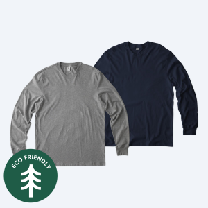 Two blank Allmade Organic Cotton unisex long sleeve t-shirts, one in deep navy blue and one in heather grey, featuring a sustainable eco-friendly badge for custom apparel design services.