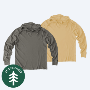 Two blank Allmade Organic Cotton mineral dye hoodie t-shirts, one in charcoal grey and one in golden yellow, featuring a lightweight hood, V-notch neck detail, and a sustainable eco-friendly badge for custom design services.