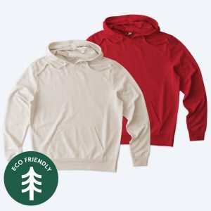 Custom Allmade organic French Terry hoodies in Cream and Ruby Red, eco-friendly sustainable streetwear design for LA and NYC fashion brands.