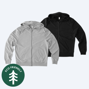 Two eco-friendly custom Allmade Organic French Terry Zip Up Hoodies in heather grey and classic black, featuring an "Eco-Friendly" seal, part of Fly Clothing Co’s sustainable design service in LA and NYC.