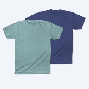 Two blank American Apparel cotton blend unisex t-shirts, one in heathered sage green and one in heathered navy blue, displayed on a white background for custom apparel design services.