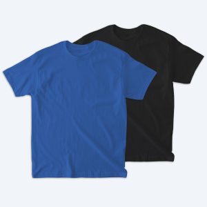 Two blank American Apparel heavyweight cotton unisex t-shirts, one in royal blue and one in black, displayed on a clean white background for custom design services.