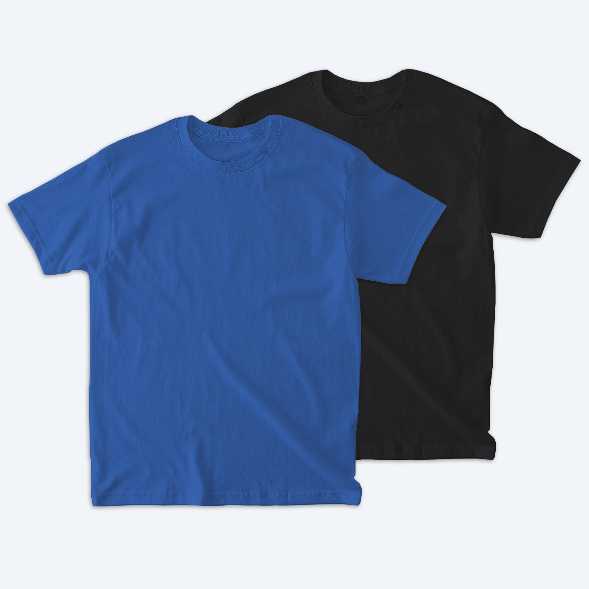 Two blank American Apparel heavyweight cotton unisex t-shirts, one in royal blue and one in black, displayed on a clean white background for custom design services.