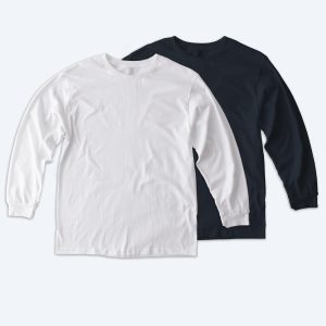 Two blank American Apparel heavyweight long sleeve cotton t-shirts in classic white and black, layered on a white background for custom apparel design services.
