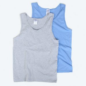 Two blank classic unisex tank tops, one in heather grey and one in light blue, displayed on a white background for custom apparel design services.