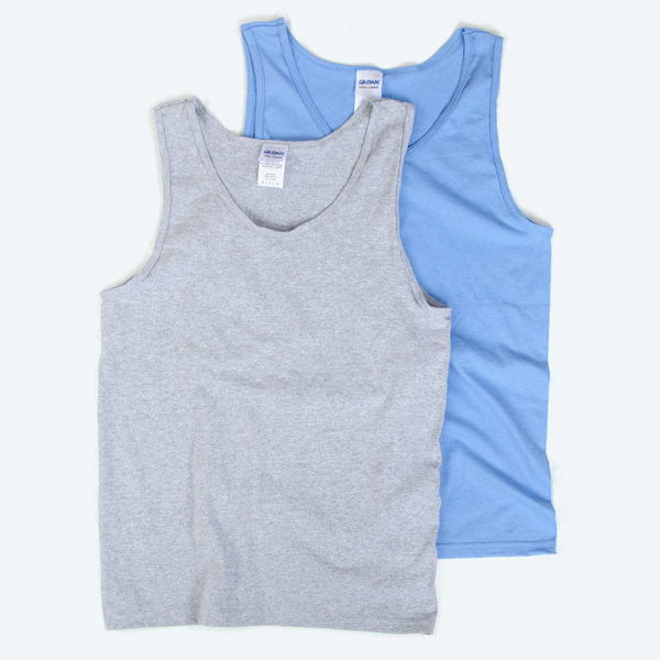 Two blank classic unisex tank tops, one in heather grey and one in light blue, displayed on a white background for custom apparel design services.