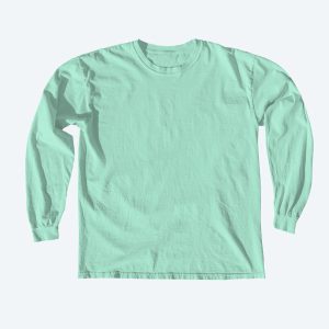 A blank Comfort Colors garment-dyed long sleeve t-shirt in seafoam green, featuring a vintage soft-washed finish for custom apparel design services.