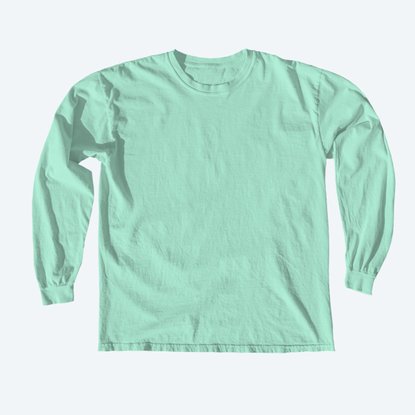 A blank Comfort Colors garment-dyed long sleeve t-shirt in seafoam green, featuring a vintage soft-washed finish for custom apparel design services.