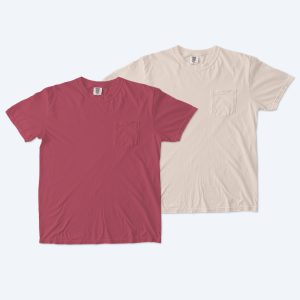 Two blank Comfort Colors garment-dyed pocket t-shirts, one in a deep crimson and one in a soft ivory, featuring a vintage-washed finish for custom design services.