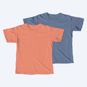 Two blank Comfort Colors unisex t-shirts, one in a soft terracotta orange and one in a muted slate blue, displayed on a clean white background for custom apparel design services.