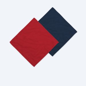 Two custom square cotton bandanas—one in a vibrant NYC red and the other in a deep LA navy blue—laid flat and overlapping diagonally against a plain background.