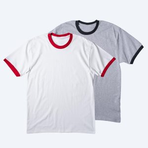 Two blank cotton ringer t-shirts for custom design services; one features a white body with red contrast ribbing, and the other features a heather grey body with black contrast ribbing.