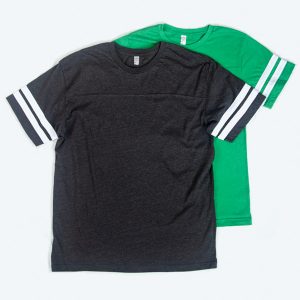 Two blank American Apparel Fine Jersey cotton unisex t-shirts, one in crisp white and one in deep navy blue, displayed on a white background for custom apparel design services.