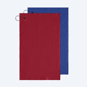 Two professional-grade golf towels—one in deep red and one in royal blue—featuring reinforced metal grommets and black carabiner-style hooks for bag attachment.