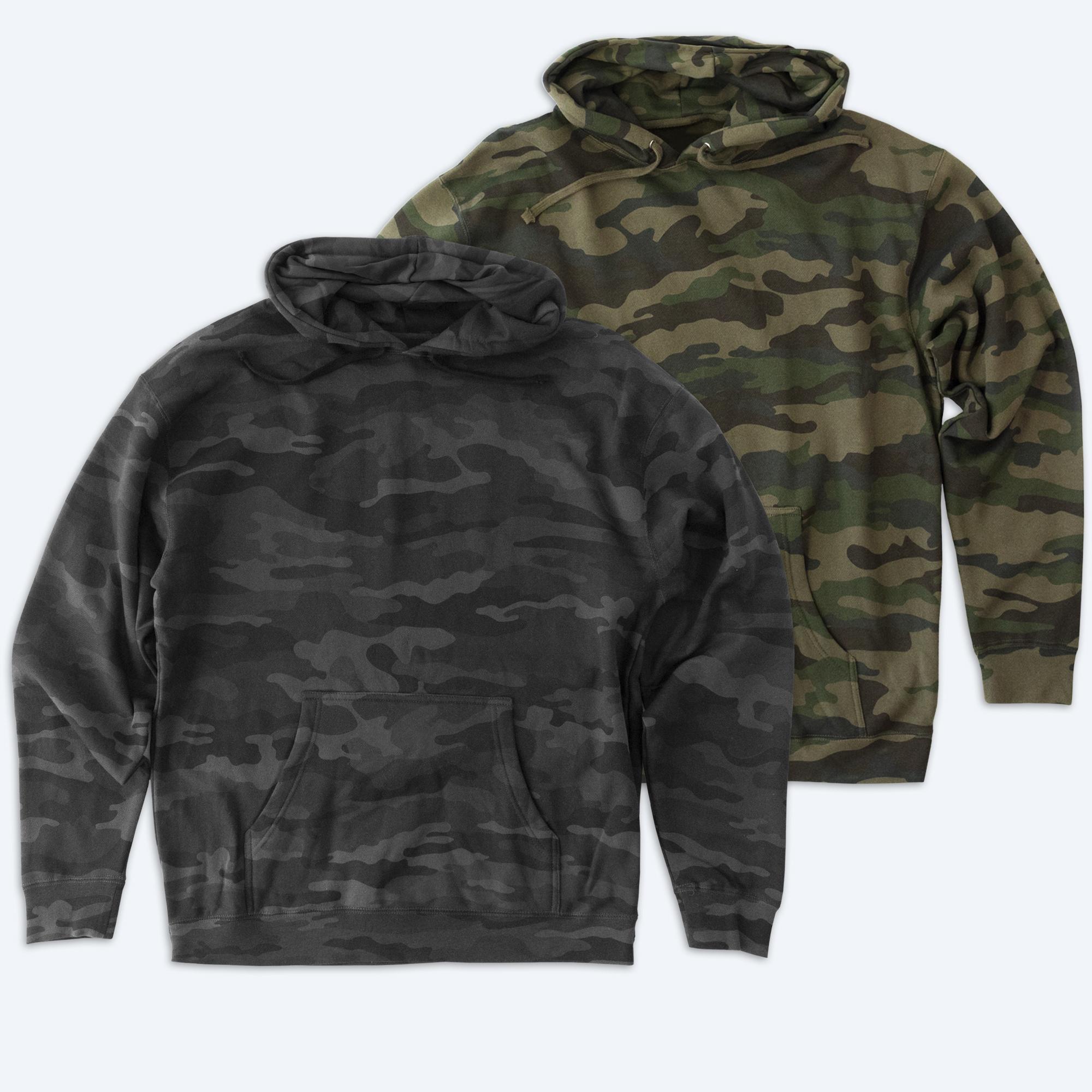 Two custom Heavyweight Camo Pullover Hoodies in black camo and classic green woodland camo, displayed for Fly Clothing Co’s custom design service in LA and NYC.