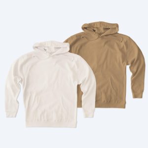 Two custom Heavyweight Pullover Hoodies in crisp white and earthy camel tan, displayed as a mockup for Fly Clothing Co’s custom apparel design service in LA and NYC.