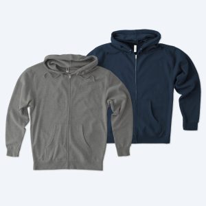 Two custom Heavyweight Zip Up Hoodies in heather grey and deep navy blue, displayed for Fly Clothing Co’s custom design service in LA and NYC.